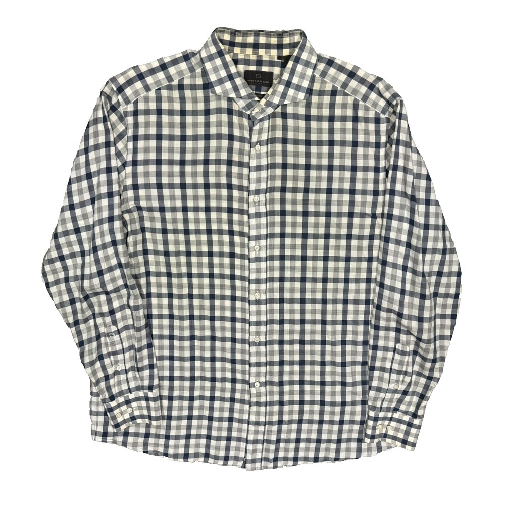Hugo Boss Dress Shirt Albini Cotton Italy Check Long Sleeve Shaped Fit XXL 17.5